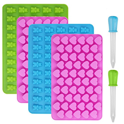 Moldes de silicona para dulces y bandejas para cubitos de hielo, YuCool paquete de 4 moldes de gelatina, moldes de chocolate, osito de goma con 2 goteros de bonificación – Corazón, oso