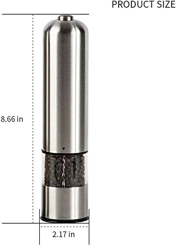 Molinillo de sal y pimienta, coctelera eléctrica de pimienta con hoja de molienda de cerámica y funciona con pilas, molino de pimienta de acero inoxidable y molino de sal con luz LED, 9 ''*2 ''
