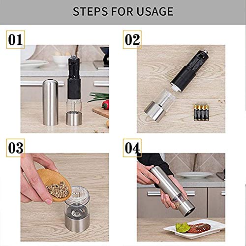 Molinillo de sal y pimienta, coctelera eléctrica de pimienta con hoja de molienda de cerámica y funciona con pilas, molino de pimienta de acero inoxidable y molino de sal con luz LED, 9 ''*2 ''