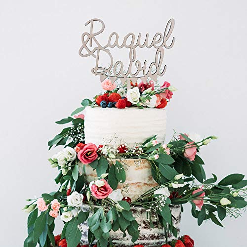 MONAMÍ - Topper Personalizado para Tarta de Boda, Nombres banderín. Madera de Haya 3 mm Grosor y 18 x 14 cm