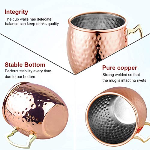Moscow Mule Tazas, 2 Piezas Mula de Moscú Original 100% Cobre Puro Martillado Solido Jarra Hecho a Mano Oreja Soldada, 530 ML, Cocktail Coctel Regalo