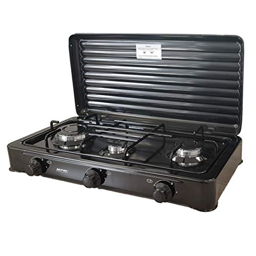 MPM SMILE-KN-03/1KB Cocina de Gas Portátil, Adultos Unisex, Negro, 3 Quemadores