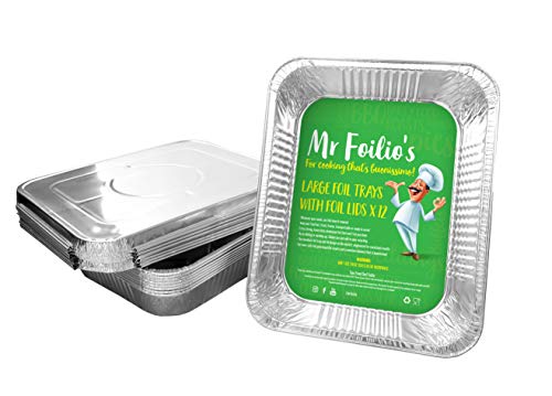 Mr Foilio's - 12 bandejas de aluminio resistentes con 12 tapas de aluminio para hornear, asar, hornear, hornear, hornear, almacenar alimentos, 32,4 x 26 x 60 cm