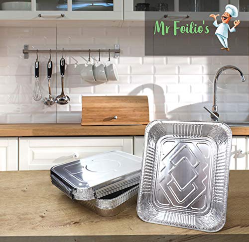 Mr Foilio's - 12 bandejas de aluminio resistentes con 12 tapas de aluminio para hornear, asar, hornear, hornear, hornear, almacenar alimentos, 32,4 x 26 x 60 cm