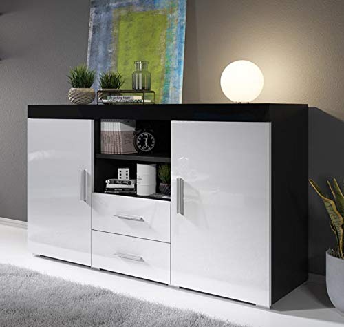 muebles bonitos Aparador Moderno Modelo Roque Negro Blanco de melamina Brillo Ancho 140cm Alto 80cm Profundo 40cm