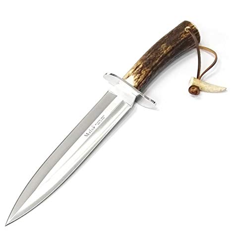 Muela Cuchillo de Caza Vikingo VIKINGO-23A con Hoja de Acero Inoxidable MoVa de 23 cm y empuñadura de asta de Ciervo de 13,5 cm para Caza, Pesca, Supervivencia y Bushcraft + Portabotellas de Regalo