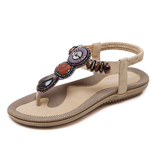 Mujer Bohemia Etnicas Planas Sandalias Retro Elegantes con Cuentas Dedo del Pie del Clip Zapatos Verano Boho Chic Zapatillas Albaricoque 39