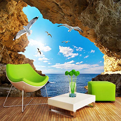 Mural De Papel De Pared Personalizado 3D Sea Island Cave Sky Blue Con Nubes Blancas Seagulls Tapiz De Fotos Sala De Estar Dormitorio Decoración Seda Tela 368(Ancho) X254(Alto) Cm A1