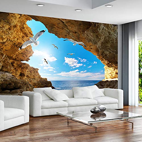 Mural De Papel De Pared Personalizado 3D Sea Island Cave Sky Blue Con Nubes Blancas Seagulls Tapiz De Fotos Sala De Estar Dormitorio Decoración Seda Tela 368(Ancho) X254(Alto) Cm A1