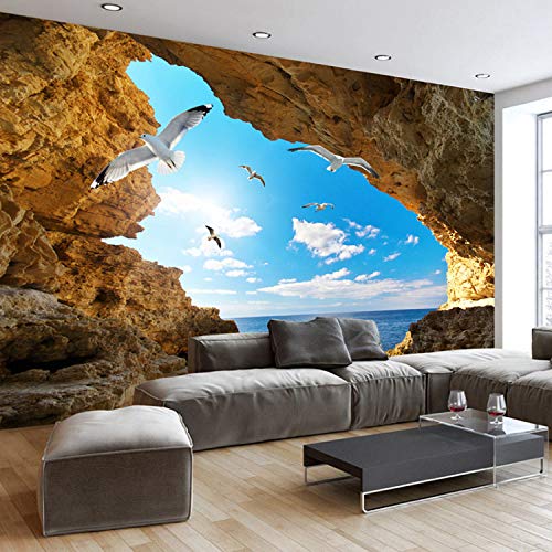 Mural De Papel De Pared Personalizado 3D Sea Island Cave Sky Blue Con Nubes Blancas Seagulls Tapiz De Fotos Sala De Estar Dormitorio Decoración Seda Tela 368(Ancho) X254(Alto) Cm A1