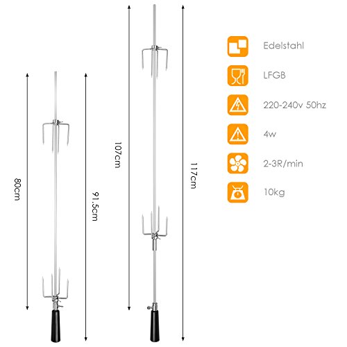 MVPOWER Asador Electrico Giratorio Automático Pincho para Barbacoa de Acero Inoxidable Brocheta de 117cm con Motor