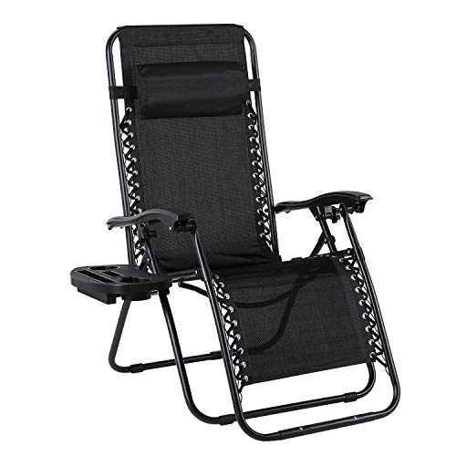 MVPower Tumbona Plegable con Soporte para Bebidas, Mecedoras Jardín para exterior con Almohadilla Ajustable para la Cabeza, Ergonómica, Transpirable (Negro)