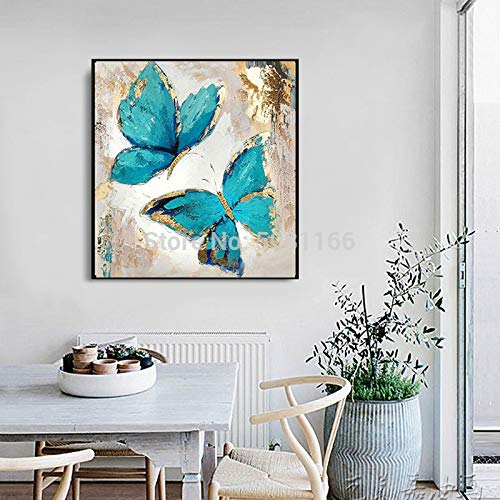 N / A Pintura de la turquesa lona del aceite de la pintura abstracta de la mariposa azul decorativo moderno arte de la pared de la sala de decoración A Frame 40x40cm NO