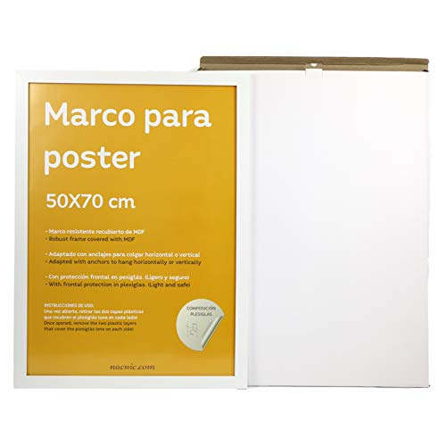 Nacnic Marco Blanco para Fotos, Posters, láminas, Diplomas. Tamaño(50x70 cm).Robusto de MDF y Frontal de plexiglas.Marco Blanco para Colgar