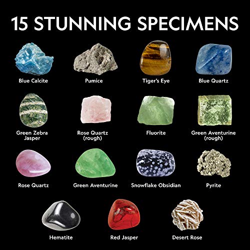 NATIONAL GEOGRAPHIC Rocks and Minerals Education Set - Kit de iniciación de 15 piezas con ojo de tigre, cuarzo rosa, jaspe rojo y más, vitrina y guía de identificación