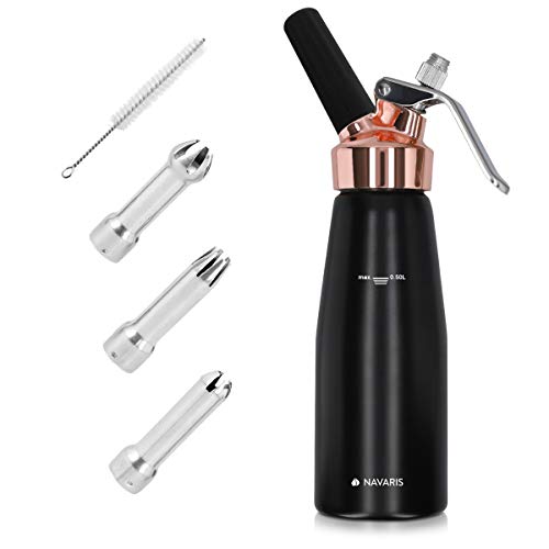 Navaris Dispensador de Nata montada - Sifón de Cocina Negro con Capacidad de 500ML - Set Profesional con 3 boquillas Compatible con Cargas N20