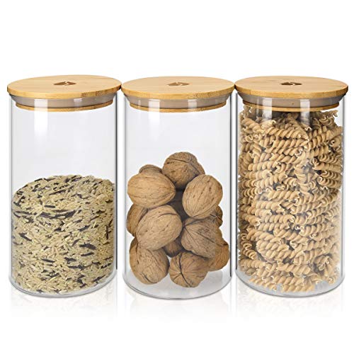 Navaris Set de 3 Botes de Cristal con Tapa de bambú - Tarros para Alimentos como café Pasta arroz harina Cereales - frascos para la Cocina - 1L