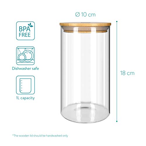 Navaris Set de 3 Botes de Cristal con Tapa de bambú - Tarros para Alimentos como café Pasta arroz harina Cereales - frascos para la Cocina - 1L