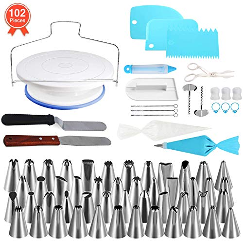 NEXGADGET 102PCS Kit Boquillas para Manga Pastelera, con Boquillas de Acero Inoxidable, Plato Giratorio de Pastel, Espátula para Tartas, etc, Pasteles para Hornear Juego de Decoración para Cupcakes
