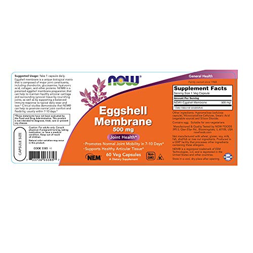 Now Foods Membrana De Cáscara De Huevo, 500 Mg 60 Unidades 75 g
