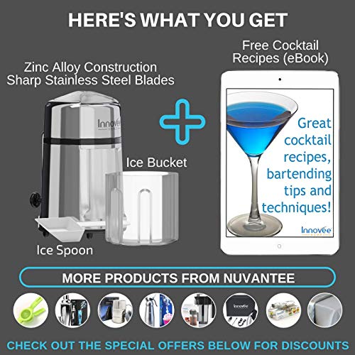 Nuvantee - Trituradora de hielo manual de acero al carbono con construcción de aleación de zinc a prueba de óxido, antideslizante, fácil de usar, manivela de mano – cromado