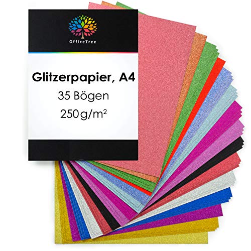 OfficeTree Cartulina con Purpurina A4 Colorido - Cartulina Purpurina 15 Colores - 35 Hojas 250g/m² - Papel de Cartulina Brillante para hacer manualidades y crear diseños únicos
