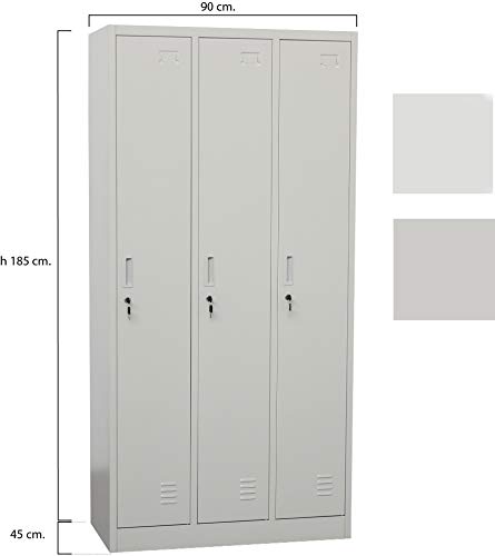 OFICINAS MONTIEL Taquilla Vestuario Metálica Gris con Estantería, Perchero, Cerradura y Llave de 185x90x45cm para Vestuario, Industria, Oficina, Gimnasio, Supermercado, Trabajo. (3 Puertas, Gris)