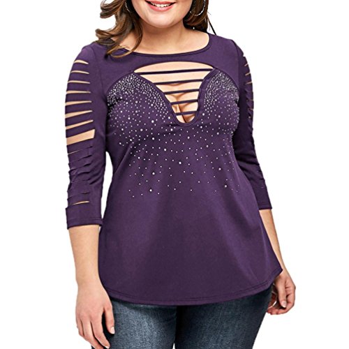 OHQ Camisa De Taladro Superior Hueca De Media Manga Talla Grande Mujeres Diamante Camiseta Blusa Escalera TrituracióN Tops Elegante Camisetas Tallas Grandes (4XL, Morado)