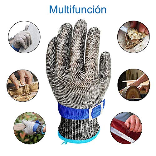 OKAWADACH Guantes Anticorte, Guante Carnicero Guante De Carnicero Malla Guante Malla Metálica Carnicero Guante De Color Azul Talla M Nivel 5 (M)