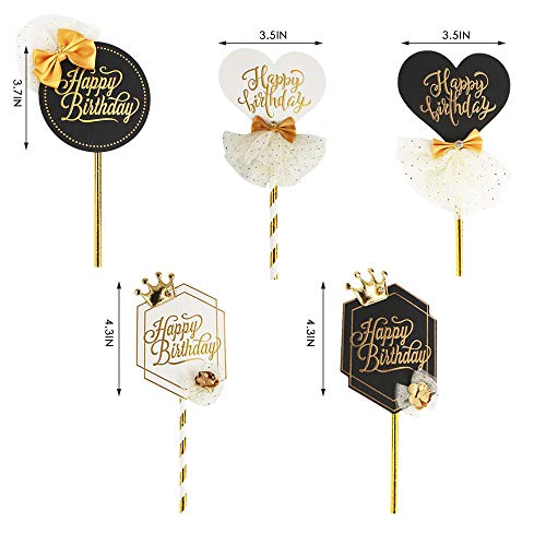 Olymajy Happy Birthday Topper Tarta, 5 Piezas Cake Topper Personalizado, con Corona, Lazo, Flor y Gasa Dorada, Decoración para Cupcakes de Tartas para Fiestas de Baby Shower de Niños