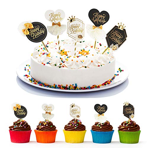 Olymajy Happy Birthday Topper Tarta, 5 Piezas Cake Topper Personalizado, con Corona, Lazo, Flor y Gasa Dorada, Decoración para Cupcakes de Tartas para Fiestas de Baby Shower de Niños