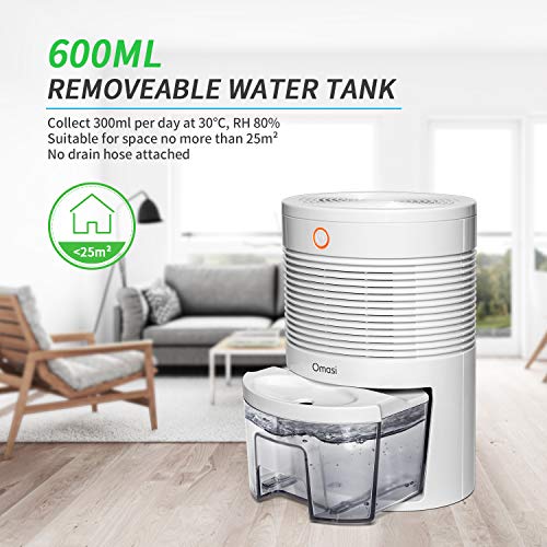 Omasi Deshumidificador electrico 600ml,Portátiles Deshumidificadores Absorben Agua 300 ml / 24 h，apagado automático, para Hogar Salón Habitación Oficina Blanco