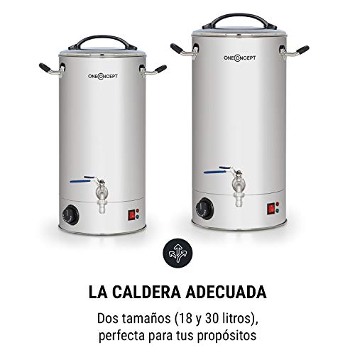 oneConcept Braufreund 18 Caldera de maceración con canilla - Dispensador de bebidas, Caldera para hacer cerveza, 18 litros, 1600 W, 30-110 °C, Termostato, Acero inoxidable 304, Plateado