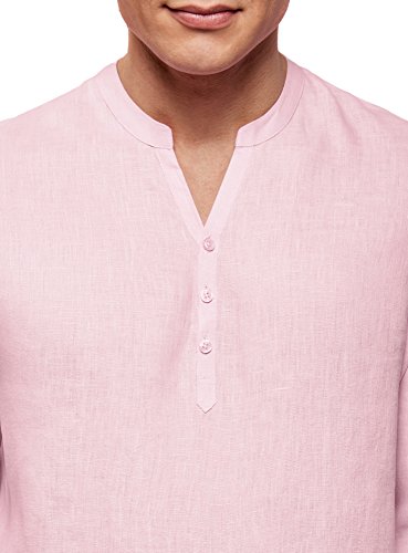 oodji Ultra Hombre Camisa de Lino sin Cuello, Rosa, 52-54