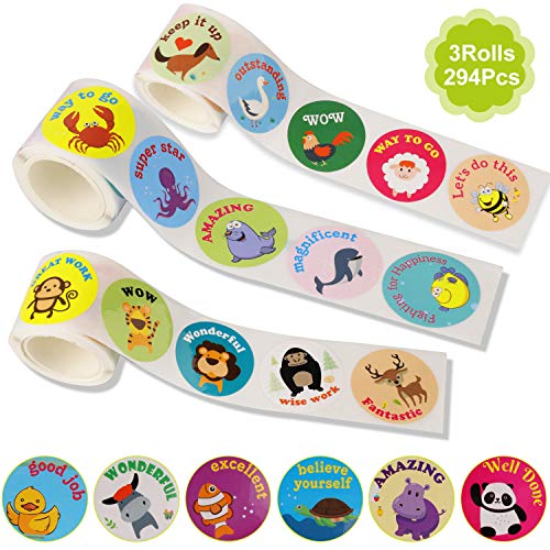 OOTSR 294 piezas recompensa pegatinas de animales, 1.5" pegatina animal lindo Pegatinas de Alabanza para recompensa de niños, Cupcake Topper, artesanía, 7 estilos/rollo, 3 rollos
