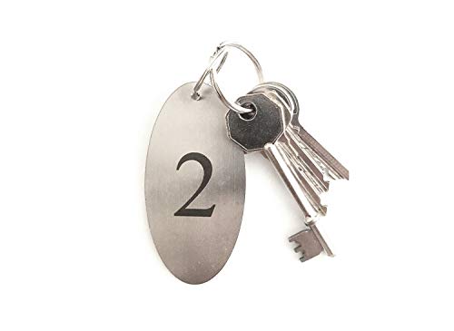 Origin - Llaveros de acero inoxidable de 2 mm de grosor, etiquetas de llaves, anillos numerados 1 a 5, números de plata ovalados negros grabados, para hoteles, casas de huéspedes, B&Bs, corporativa