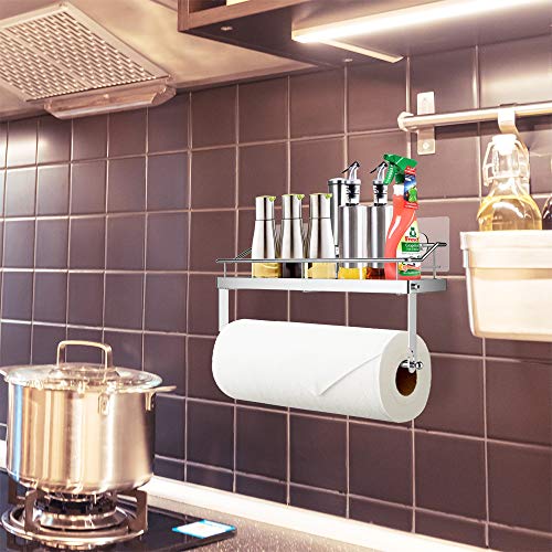 Oriware Adhesivo Portarrollos de Cocina con Estante Soportes de pared Especiero Organizador SUS304 Acero Inoxidable - Sin Perforar