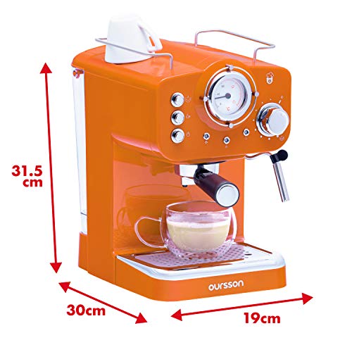 Oursson Máquina de Café Espresso - Cappuccino, Retro, 15 Bares, Vaporizador Orientable, Capacidad 1.25 l, Café Molido, EM1500 Serie (Naranja)