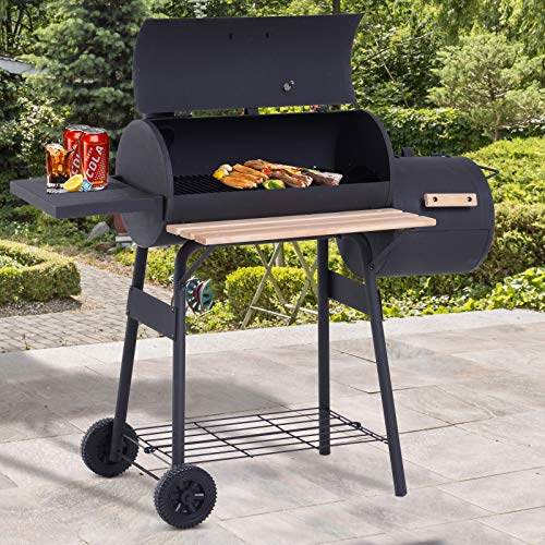 Outsunny Barbacoa de Carbón 3 en 1 Ahumador Parilla de Carbón Barbacoa de BBQ 124x53x108cm con Termómetro y Ruedas Estantes de Madera Picnic Acampada al Aire Libre