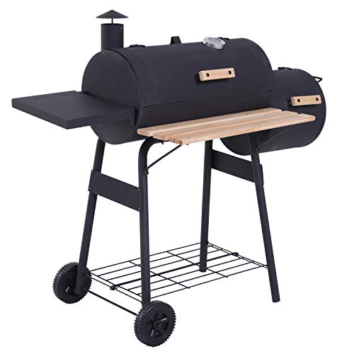 Outsunny Barbacoa de Carbón 3 en 1 Ahumador Parilla de Carbón Barbacoa de BBQ 124x53x108cm con Termómetro y Ruedas Estantes de Madera Picnic Acampada al Aire Libre