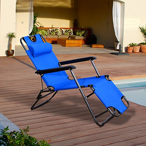 Outsunny Tumbona con Almohada Reclinable y Plegable de Jardín Exterior Piscina Terraza Camping - Color Azul - Tela Oxford y Acero - 153x60x29cm