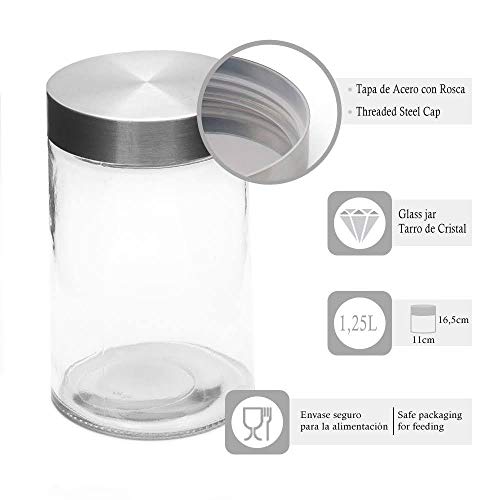 OUXI 4 PCS Tarros De Cristal con Tapa De Acero Inoxidable, 1.25LBotes Recipientes para Alimentos Hermeticos De Vidrio para Cocina, Almacenaje De Legumbres, Galletas, Espaguetis (4 Botes, 1.25 LT)