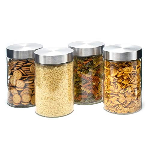 OUXI 4 PCS Tarros De Cristal con Tapa De Acero Inoxidable, 1.25LBotes Recipientes para Alimentos Hermeticos De Vidrio para Cocina, Almacenaje De Legumbres, Galletas, Espaguetis (4 Botes, 1.25 LT)