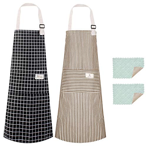 Owoda 2 Piezas Delantal Ajustable con Bolsillo Grande,Delantal de Cocina de Algodón y Lino,Unisex Chefs Delantal de Cocina para Cocinar,Restaurante,Bar,BBQ,Jardinería,Artesanía y Hornear