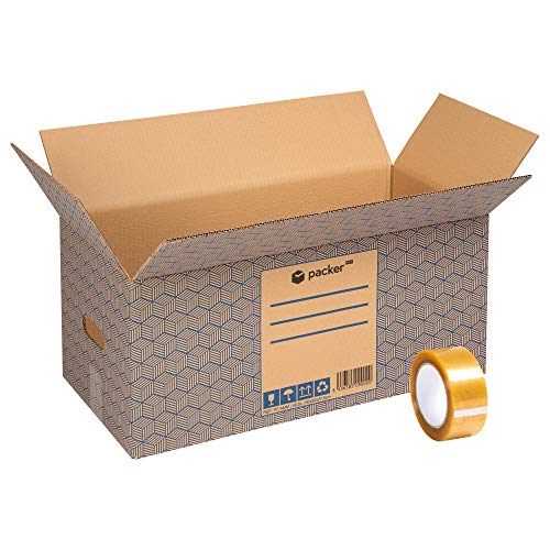 Pack 12 Cajas Carton para Mudanzas y Almacenaje Extra Grandes 600 x 300 x 275 mm Ultra Resistentes con Asas + Cinta Adhesiva, 100% ECO Box | packer PRO