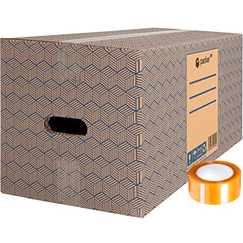 Pack 12 Cajas Carton para Mudanzas y Almacenaje Extra Grandes 600 x 300 x 275 mm Ultra Resistentes con Asas + Cinta Adhesiva, 100% ECO Box | packer PRO