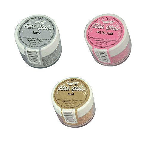 Pack económico de purpurina comestible de Rainbow Dust 100% comestible, ideal para la decoración de sus golosinas. (Rosa pastel, plata y oro)