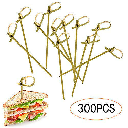 Palillos de cóctel 300 piezas de varillas de cóctel con forma de nudo de flores de bambú, palillos de dientes de palillos de bambú para cóctel, barbacoa, fiesta, bandeja decorativa de 12 cm