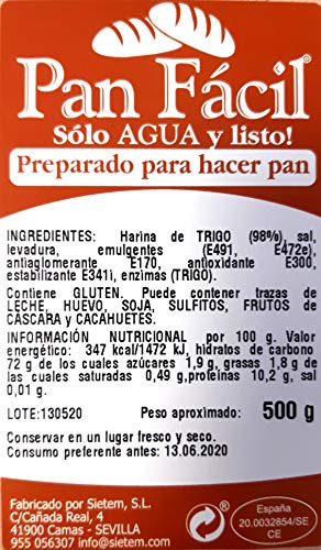 Pan Fácil. Sólo agua y listo!. Preparado para hacer pan. Caja de 6 uds. de 500 g.