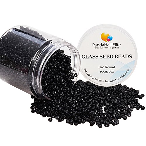 Pandahall Elite – Bote de 100 g de perlas 11/0 perlas de cristal, barniz al horno, colores opacos, redondo, negro, 2 x 1,5 mm, agujero: -0,3 mm., cristal, negro, 3mm